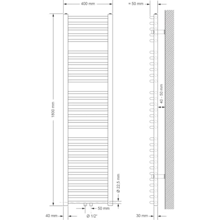 LuxeBath Badheizkörper 400x1800mm Gebogen, Weiß mit Mittelanschluss und 687W Wärmeleistung – Bild 2