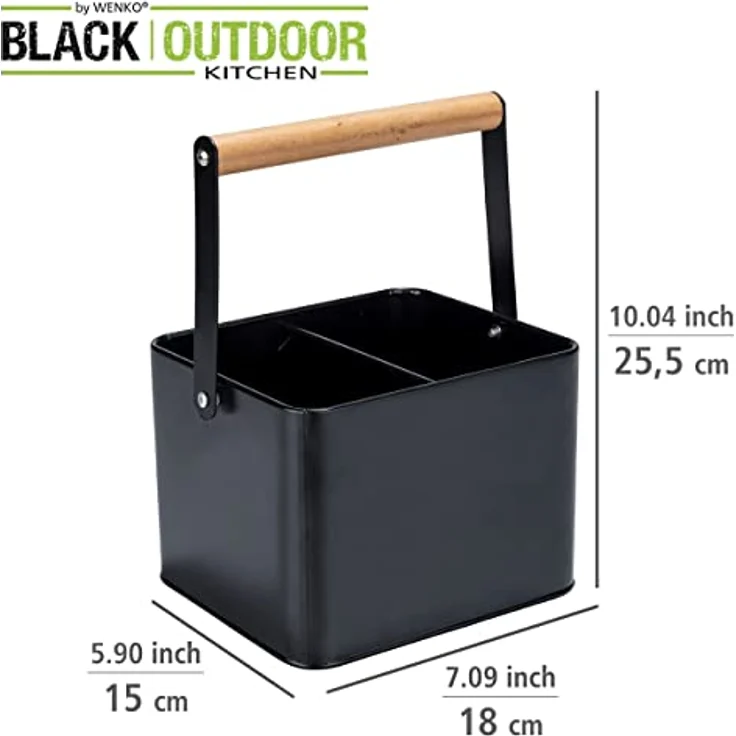 WENKO Utensilienkorb Baco, Black Outdoor Kitchen Zubehör, robuster Tragekorb aus pulverbeschichtetem schwarzem Metall mit flexiblem Holzgriff, ideal für den Transport von Saucen, 18 x 25,5 x 15 cm – Bild 4