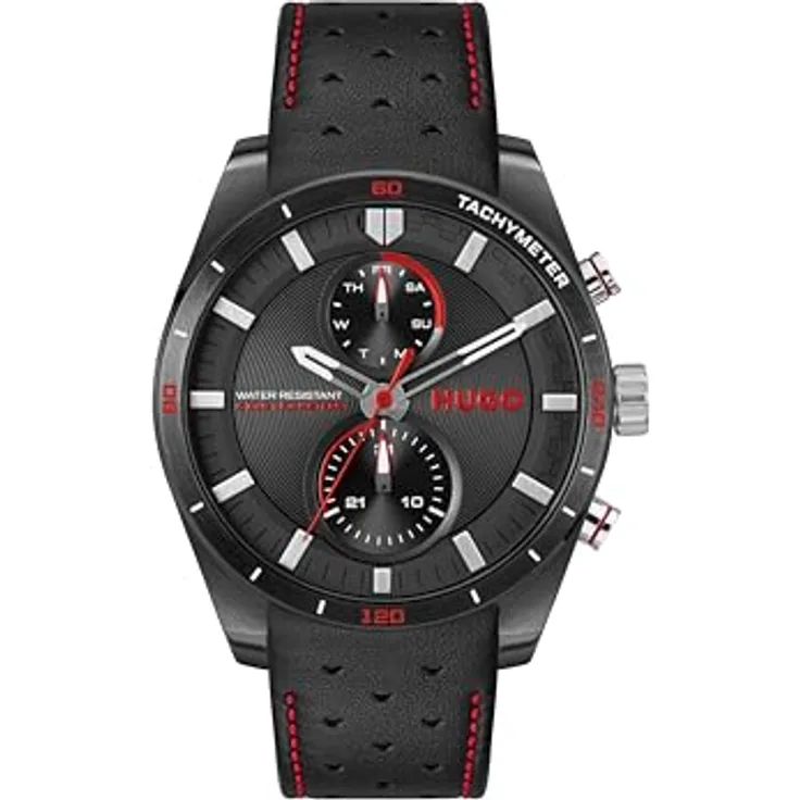HUGO Casual Watch 1530370, schwarzes Zifferblatt und perforiertes Lederarmband