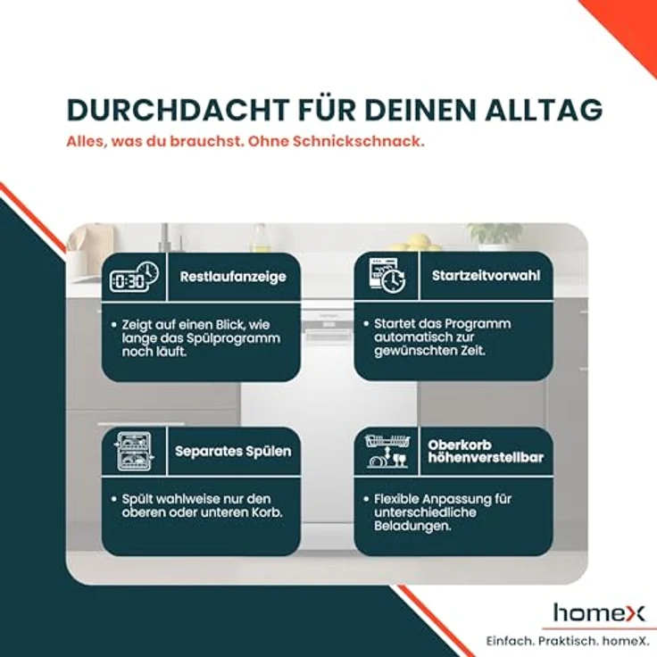 homeX DWFS601444C-S Geschirrspüler 60 cm, freistehend mit 14 Maßgedecken, 7 Programmen, AquaStop, 44 dB, unterbaufähig – Bild 9