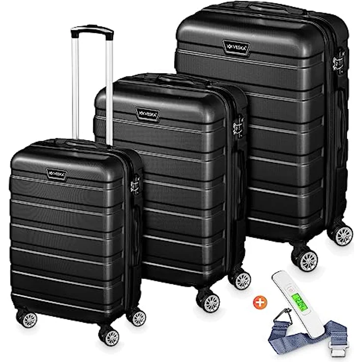 VESKA 3tlg. Hartschalenkofferset Hard Shell Reisekoffer Kofferset Trolley Koffer Hartschalenkoffer Reisekofferset Rollkoffer TSA Zahlenschloss 4 Rollen ABS-Hartschale M-L-XL (schwarz) – Bild 1