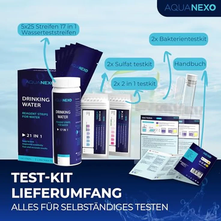 Aquanexo 125 Wassertester Trinkwasser Teststreifen 17-in-1 + 2 Bakterientests + 10 Trinkwasser Teststreifen Nitrat/Nitrit + 10 Trinkwasserteststreifen Sulfate, 16-in-1 Werte, Versand aus Deutschland – Bild 7