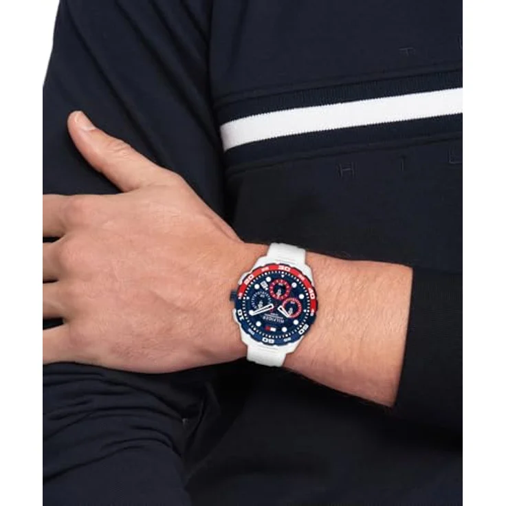 Tommy Hilfiger Chronographen-Quarzuhr mit Kalender für Herren, 44mm Gehäuse mit weißem Silikonarmband und blauer Zifferblatt, 10 ATM wasserdicht, Modell 1792231 – Bild 4