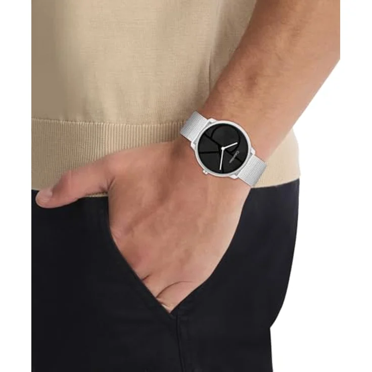 Calvin Klein CK Iconic, Zwei-Zeiger-Quarzwerk-Uhr für Herren mit silbernem Edelstahl-Mesh-Gliederarmband, 40 mm Edelstahlgehäuse, schwarz-silbernes Zifferblatt, 3 ATM wasserdicht – Bild 4