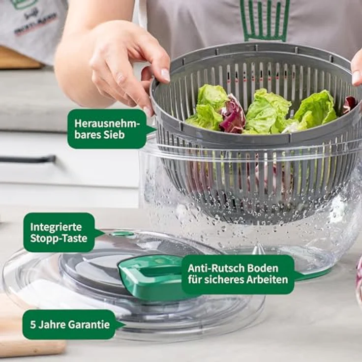 FACKELMANN Chefkoch Salatschleuder mit Seilzug und Stopp-Taste, Salat Spinner zum Waschen & Trocknen, inkl. herausnehmbarem Sieb, 24,5 cm, Kunststoff – Bild 3