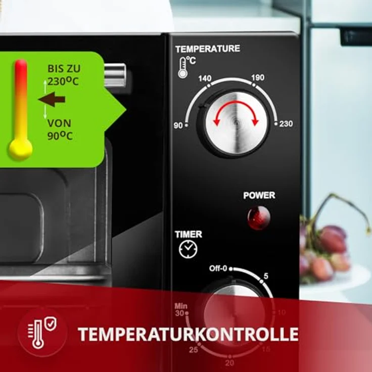 MPM MPE-13 Mini-Backofen, freistehend mit 10 L Volumen, Ober- und Unterhitze, 4-stufige Temperaturregelung 90-230°C, schwarz, inkl. Backblech und Gitterrost – Bild 5
