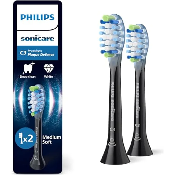 Philips Sonicare C3 Premium Plaque Defense, Original Ersatzbürstenköpfe, Schwarz, 2er-Pack, HX9042/88 - Entfernt bis zu 10x mehr Plaque, 100% mehr Verfärbungen in 3 Tagen, biobasiert