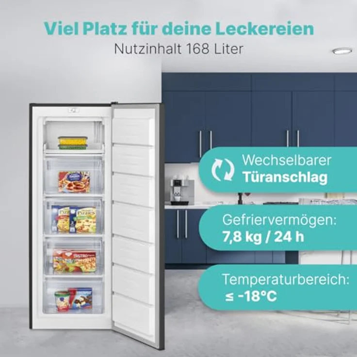 Bomann® Gefrierschrank GS 7364, 143 cm, 168L, 4 Sterne, wechselbarer Türanschlag, leise, schwarz-inox – Bild 2