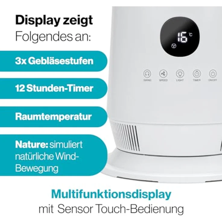 ProfiCare® PC-TVL 3152, flügelloser Turmventilator leise mit Schwenkfunktion, 86 cm hoch, inkl. Fernbedienung, 3 Gebläsestufen, 12h Timer, Raumtemperatur-Anzeige, weiß – Bild 4