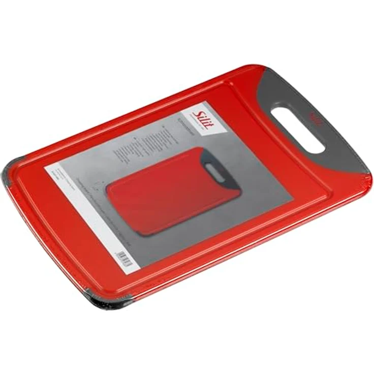 Silit Schneidebrett 38 x 25 cm rechteckig, Kunststoff, Tranchierbrett mit Saftrillen, praktischer Griff, spülmaschinengeeignet, klingenschonend, rot – Bild 4