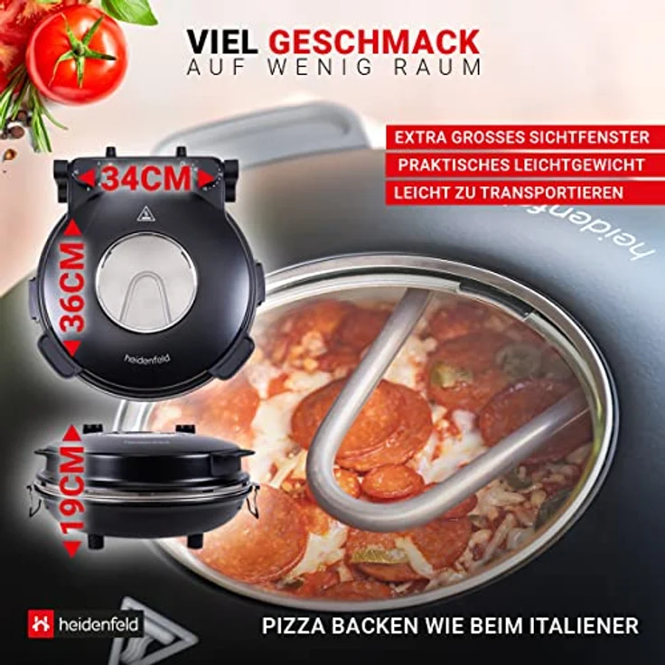 Heidenfeld elektrischer Pizzaofen Napoli 1.200 Watt, max. 400°C, Drehregler, Überhitzungsschutz, Sichtfenster, schwarz  – Bild 2