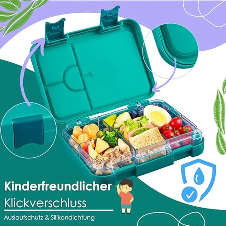 ecosa YummyBuddy Snackbox, Brotdose für Kinder mit 6 Fächern, auslaufsicher, BPA-frei, spülmaschinenfest, Pauli Petrol – Bild 2