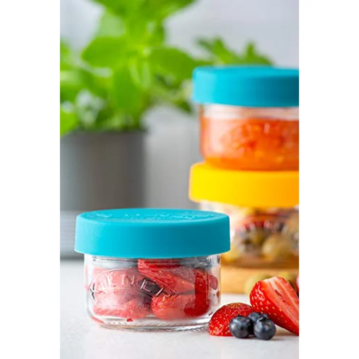 KILNER Snackgläser 125ml 2er Set, luftdicht mit bunten Silikondeckeln in Blau und Gelb, ideal für Obst und Gemüse – Bild 6