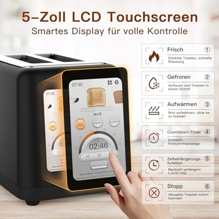 aeco toastlab Elite Toaster für 2 Scheiben, 10 Programme, 6 Bräunungsstufen, 850W, 5" LCD Display, extra breite Toastschlitze, Brötchenaufsatz, Liftfunktion, Krümelfach – Bild 3