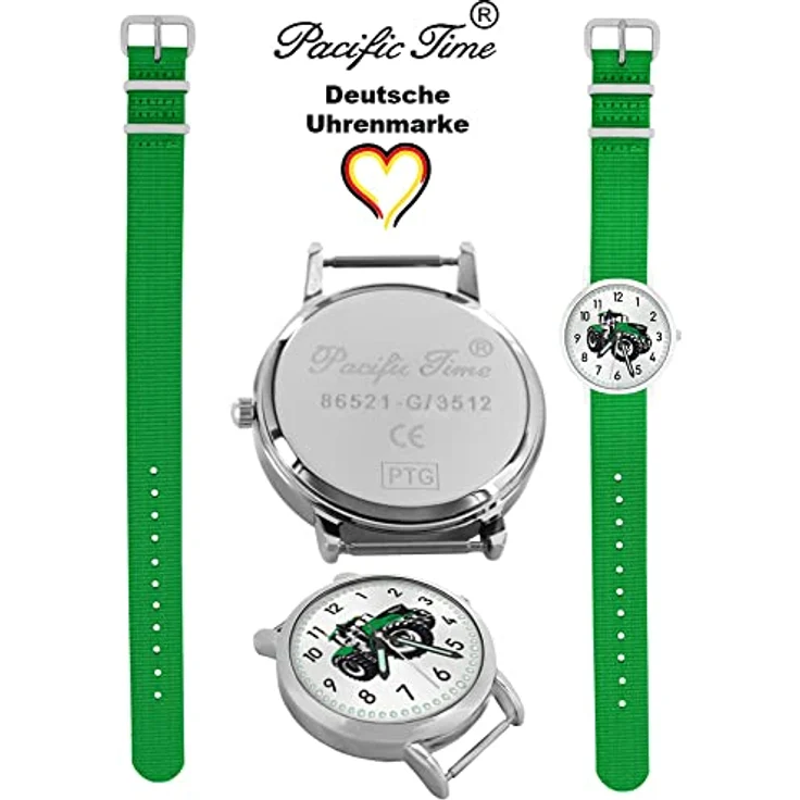 Pacific Time Kinder Armbanduhr Traktor, grün, mit leuchtenden Zeigern, Textilarmband, analog, Quick-Change-System, 3,2 cm Gehäusedurchmesser – Bild 4