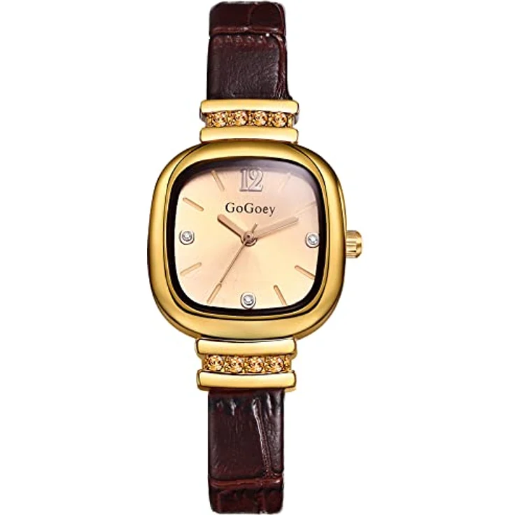 JewelryWe Damen Analog Quarz Uhr, quadratisch mit Strass, hochwertigem braunem Lederarmband, wasserdicht – Bild 1
