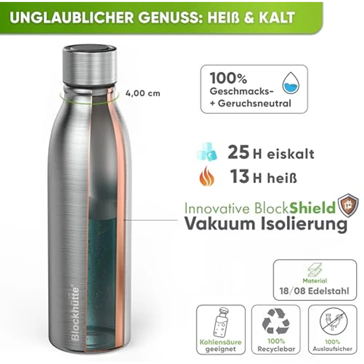 Blockhütte Edelstahl Wasserflasche 500ml, isolierte Thermosflasche, auslaufsicher, spülmaschinenfest, BPA-frei, ideal für Sport und Wandern – Bild 4