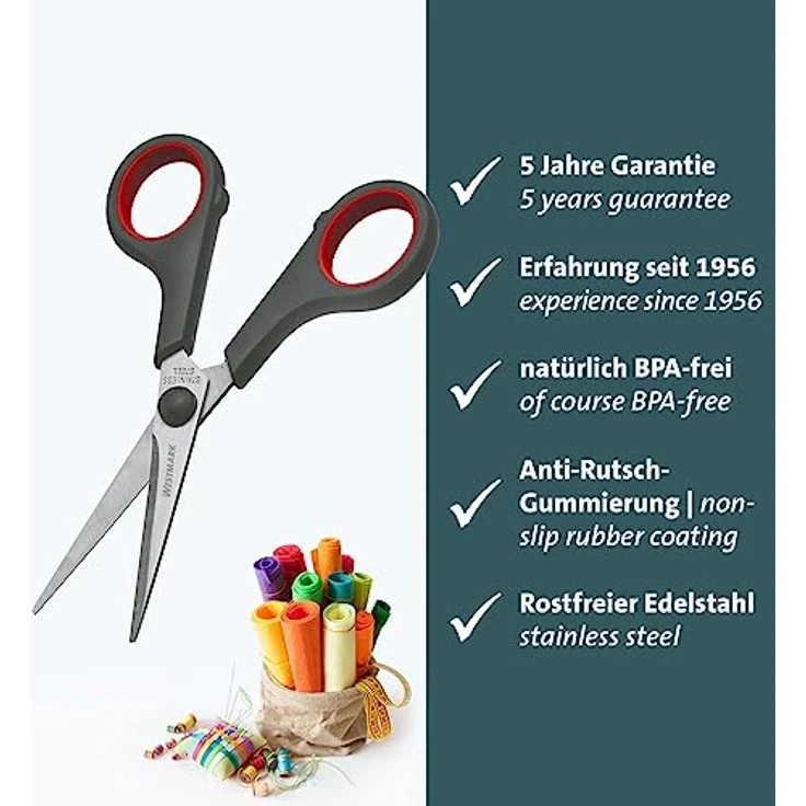Westmark Bastelschere 14 cm – Haushaltsschere ideal für das Schneiden von Kunststoff, Papier, Pappe und mehr – rostfreier Edelstahl, schwarz, rot – Bild 2