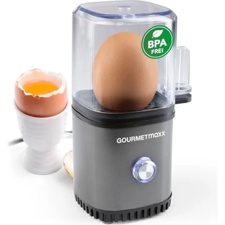 GOURMETmaxx Eierkocher für 1 Ei, Egg Boiler mit Eierstecher und Messbecher, 3 Härtegrade, kompakt und spülmaschinenfest, Anthrazit – Bild 1
