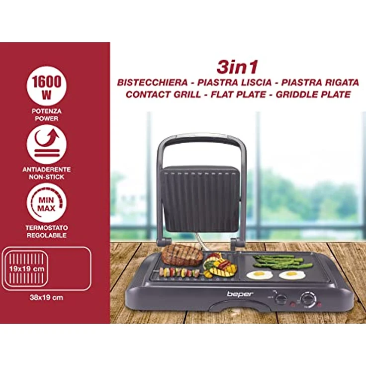 BEPER P101TOS501 Kontaktgrill Antihaft-Aluminium Elektrogrill 1600 W, Tischgrill mit verschiedenen Kochflächen und Temperaturregelung – Bild 2