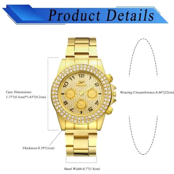 JewelryWe Uhren Herren Edelstahl Diamant, Gold Armbanduhr mit Zirkonia, Analog Quarz, 10m wasserdicht, Geschenk für Männer – Bild 5