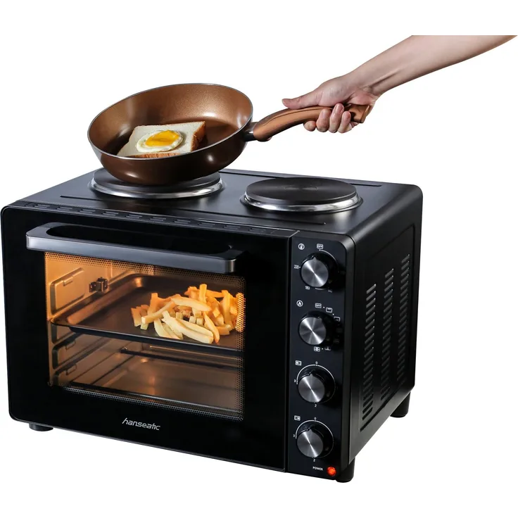 Hanseatic HMO366BKB Mini Backofen, Kleinküche mit Doppelkochplatte, 36L Garraum, Grillrost und Backblech, ideal für kleine Küchen