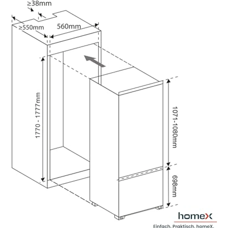 homeX CFB2491E Einbaukühlschrank mit Gefrierfach, 249 Liter, Schlepptür, 178 cm Nische, Energieeffizienzklasse E, leise mit 39 dB – Bild 3