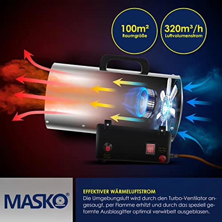 MASKO Gasheizgebläse Gasheizer Heizkanone Gasheizstrahler Bauheizer Gas Heizgerät heizstrahler Heißluftgenerator inkl. Gasschlauch & Druckminderer Heizgebläse für handelsübliche Gasflaschen Silber, 10 kW,  – Bild 4