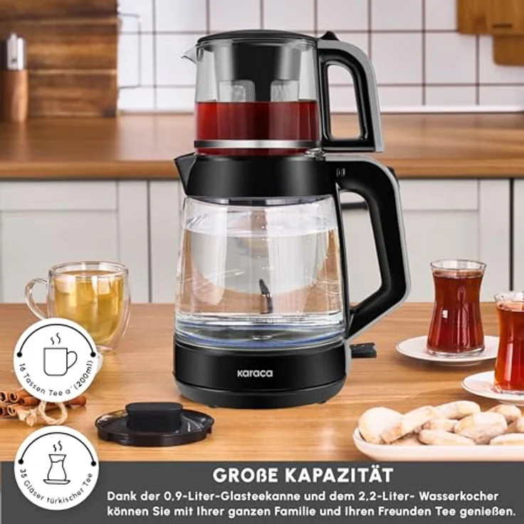 Karaca Glass Tea XL 2 in 1 Glas-Teemaschine & Wasserkocher Shiny Black, 0,9L Teekapazität, 2,2L Wasserkapazität, energieeffizient, automatische Warmhaltefunktion, LED-Anzeige – Bild 2