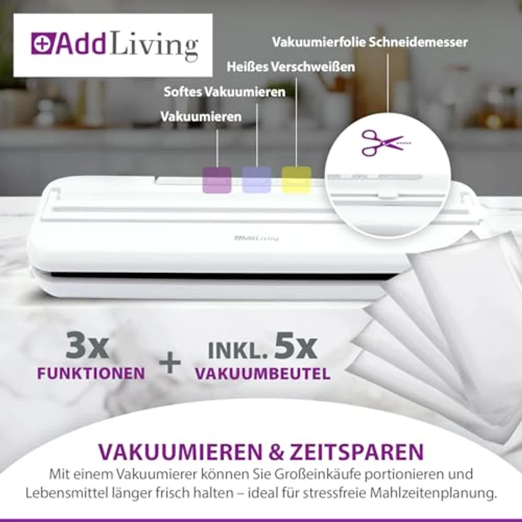 Addliving V200 Vakuumierer, 2-in-1 Folienschweißgerät mit Soft-Funktion und integriertem Trimmer, inkl. 5 Vakuumbeuteln – Bild 4