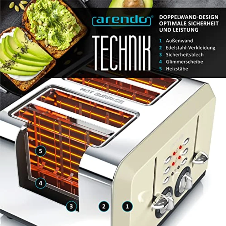 Arendo BREAKFAST X2 Automatik Toaster 4 Scheiben - Edelstahlgehäuse - Bräunungsgrad 1-6 - Aufwärm- und Auftaufunktion - Krümelschubladen - 1630 Watt - GS-Zertifiziert – Bild 4