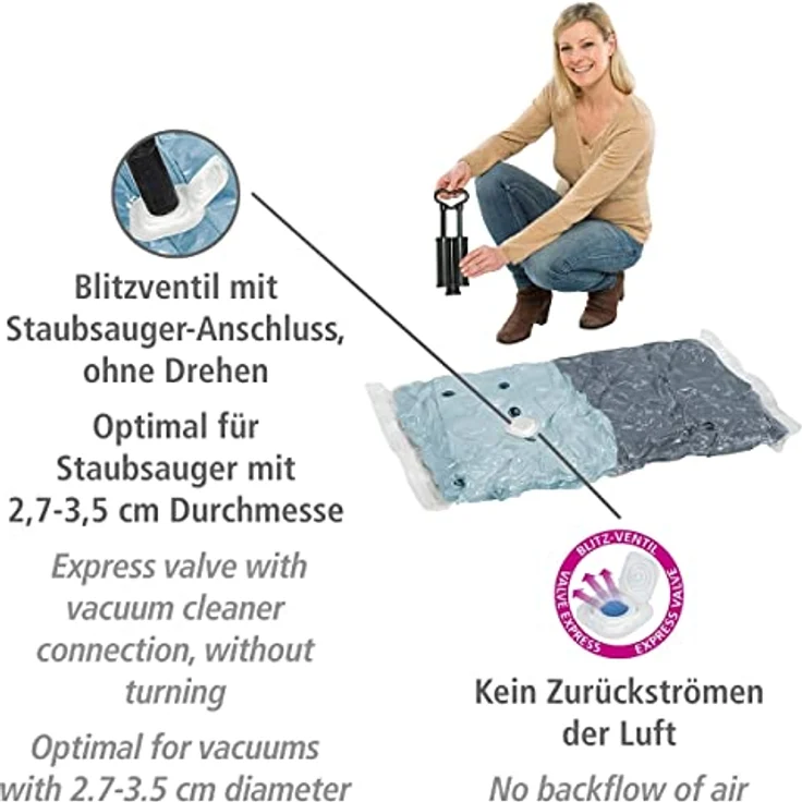 WENKO Vakuum Beutel Reise-Set, 6-teilig mit Staubsaugeranschluss, transparent, Platzsparend bis zu 75% – Bild 4