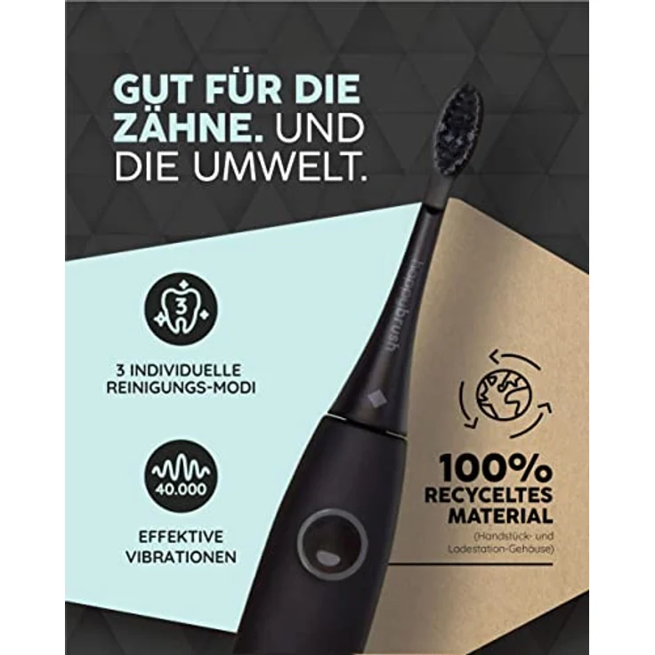 happybrush Elektrische Schall-Zahnbürste Eco VIBE 3 - Nachhaltige Zahnbürste mit 6 Wochen Power-Akku - Schwarz – Bild 2