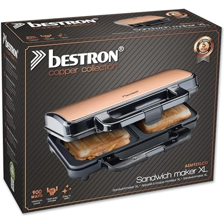 Bestron Sandwichmaker ASM92XLCO, 900 W, XXL Toaster für American Sandwiches, Kupfer, mit Antihaftbeschichtung und Sicherheitsfunktionen – Bild 7