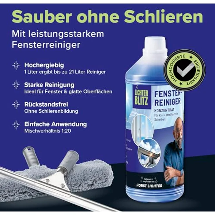 LICHTERBLITZ Fensterreiniger Set komplett, inkl. 12-Liter Eimer, Fensterabzieher, Wischer, Mikrofasertuch & Reinigungsmittel, für Haus & Auto – Bild 3