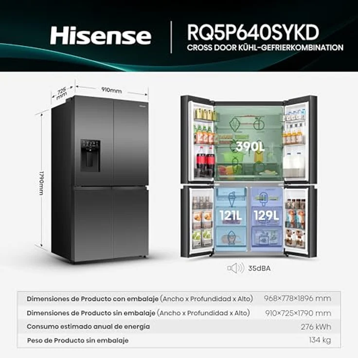 Hisense RQ5P640SYKD French Door Kühl-Gefrier-Kombination, 390 l Kühlvolumen, 250 l Gefriervolumen, schwarz, mit LED-Innenbeleuchtung und Schnellgefrier-Funktion – Bild 3