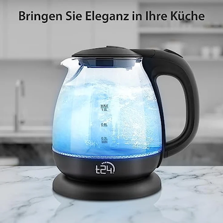T24 Borosilikatglas Wasserkocher mit LED, 1100 Watt, 1 Liter, 360°-Basis, Glas, Edelstahl schwarz – Bild 8