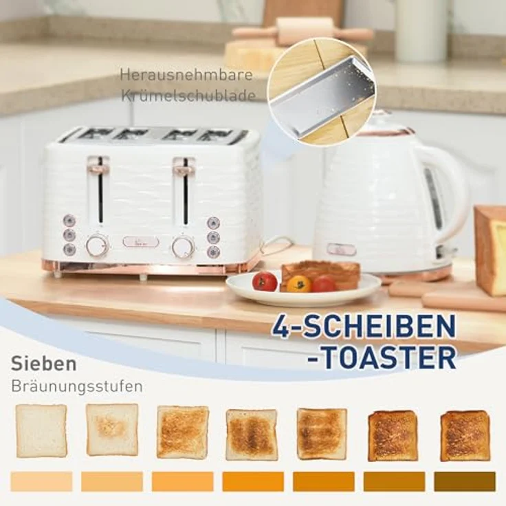 HOMCOM Kocher-Toaster-Set, 4-Scheiben-Toaster und 1,7L Wasserkocher mit Sicherheitsfunktionen, Cremeweiß – Bild 4