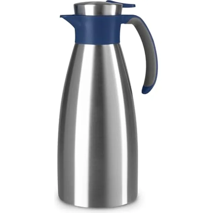 Emsa Soft Grip Isolierkanne, 1,5 Liter, Edelstahl, 12 Stunden heiß + 24 Stunden kalt, Auslaufsicher, Rutschfester Griff, Farbe Blau N4120400
