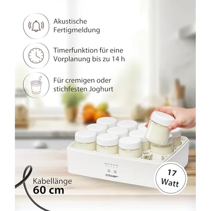Cloer Joghurtbereiter Cloer 9921, 12 Gläser à 150 ml, Timer mit 4 Einstellungen, weiß – Bild 2