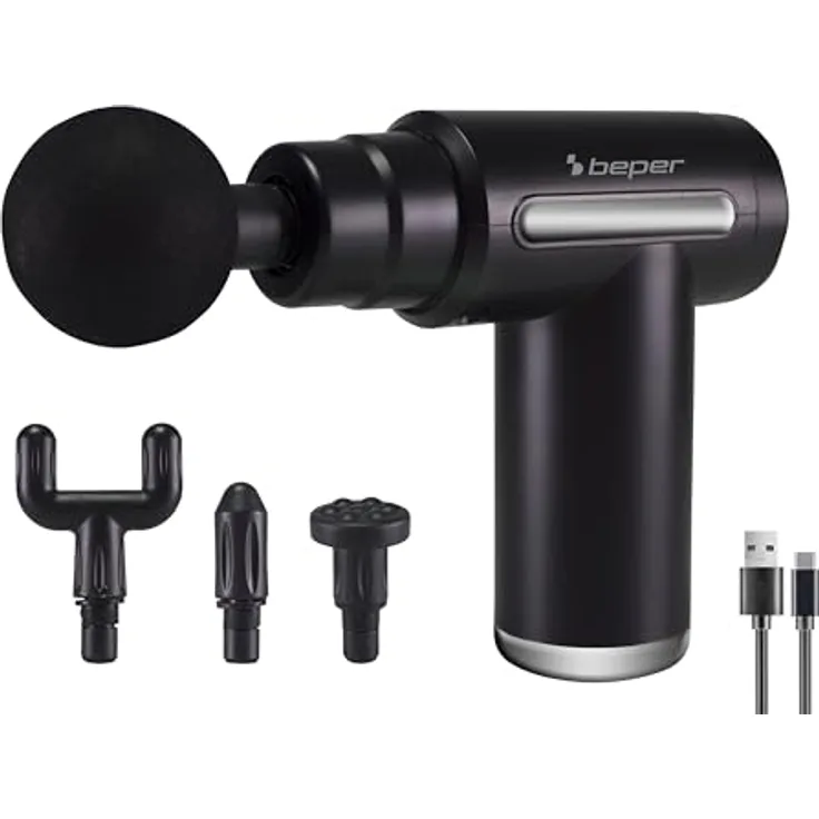 BEPER P302MAS002 Perkussionsmassagegerät, 30W, wiederaufladbare Massagepistole, 4 austauschbare Köpfe. 6 Intensitätsstufen, Schwarz