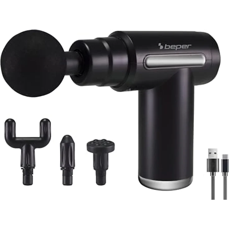 BEPER P302MAS002 Perkussionsmassagegerät, 30W, wiederaufladbare Massagepistole, 4 austauschbare Köpfe. 6 Intensitätsstufen, Schwarz – Bild 1