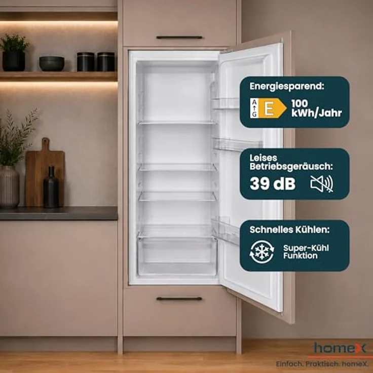 homeX CB1991E Einbaukühlschrank, 199 Liter, ohne Gefrierfach, Schlepptürtechnik, LED-Beleuchtung, 39 dB, für 122 cm Nische – Bild 5