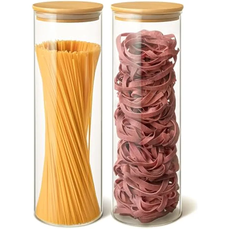 Praknu Vorratsdosen mit Deckel für Spaghetti 2er Set - Luftdicht mit Holzdeckel - Spülmaschinenfest - Hoch 30cm - Spaghetti Aufbewahrung
