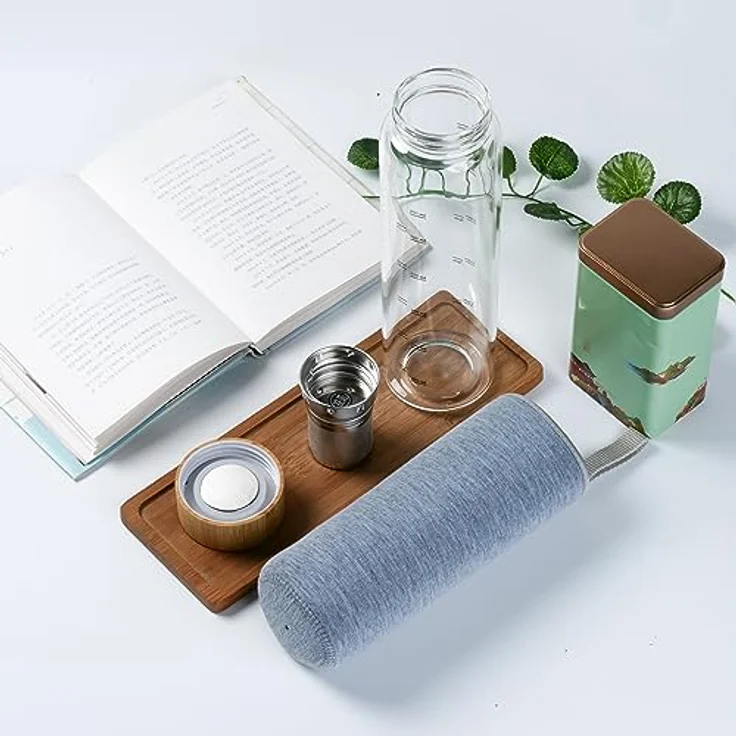 Penelife Teeflasche mit Sieb to go 1l - Glasflasche 1 Liter mit Edelstahl Sieb - Teeflasche 1l aus Borosilikatglas mit drehbarem Bambus Deckel und Neopren Schutzhülle - Grau – Bild 4