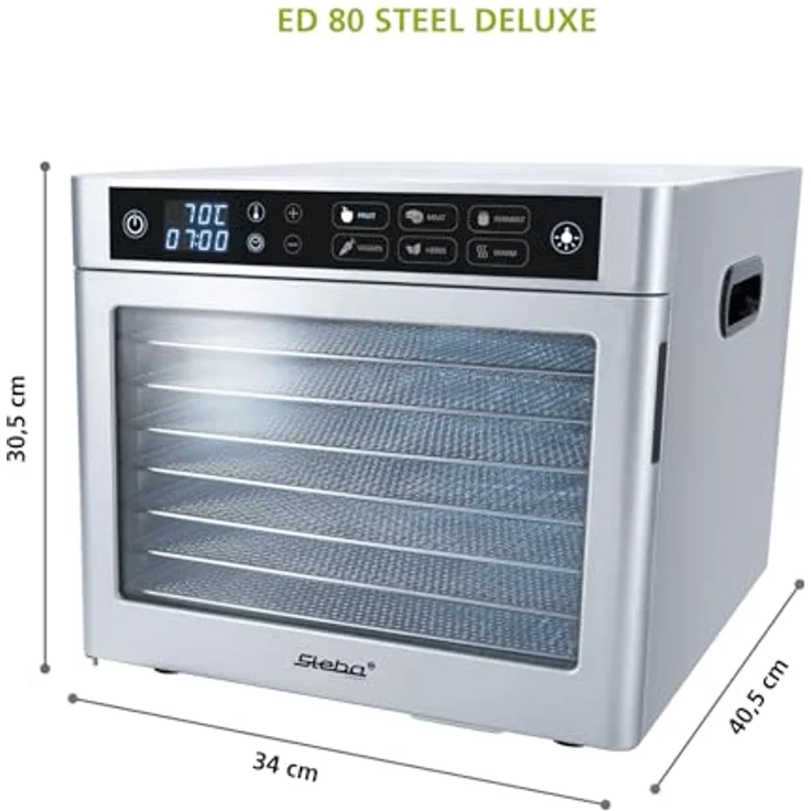 Steba ED 80 Steel Deluxe Dörrautomat, 8 Aufsätze, Temperatur 35-85°C, LED-Display, Silber – Bild 3
