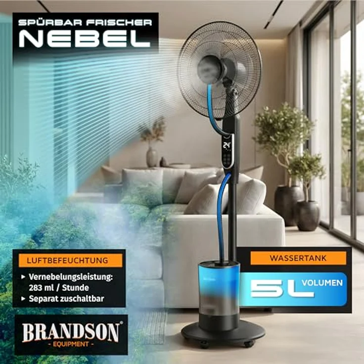 Brandson 308329 Ventilator mit Ultraschall-Luftbefeuchter, 5L Wassertank, Fernbedienung, Timer, 80° Oszillation, Verdunstungskühlung – Bild 3