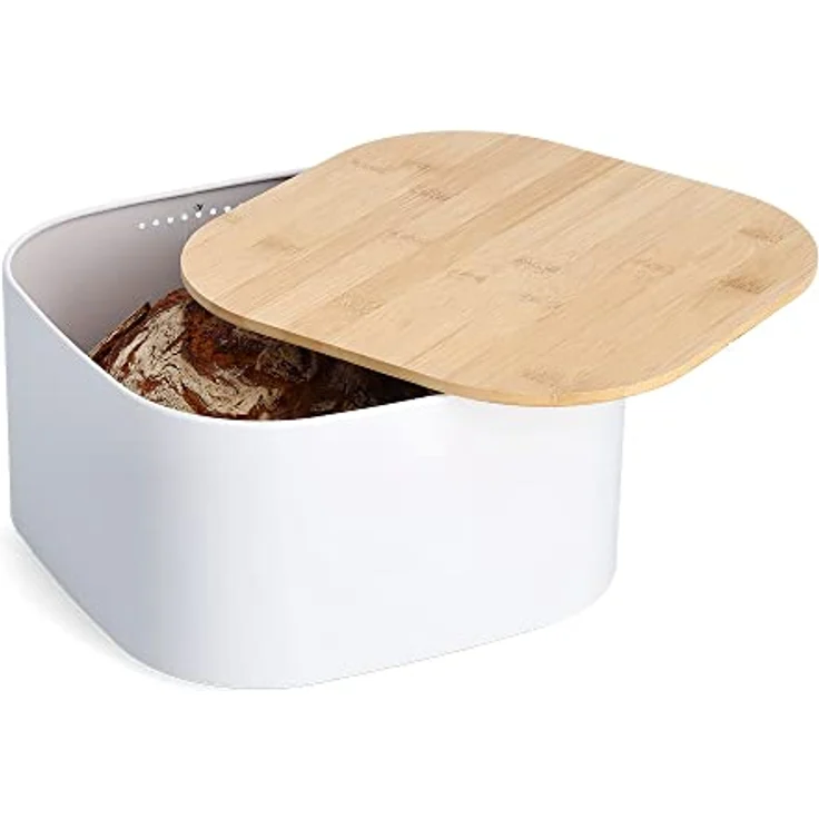 Zeller 25382 Brotkasten m. Bambusdeckel, Metall, weiß, ca. 26,5 x 26,5 x 14,5 cm, Brotbehälter, Brotaufbewahrung, Brotbox – Bild 2