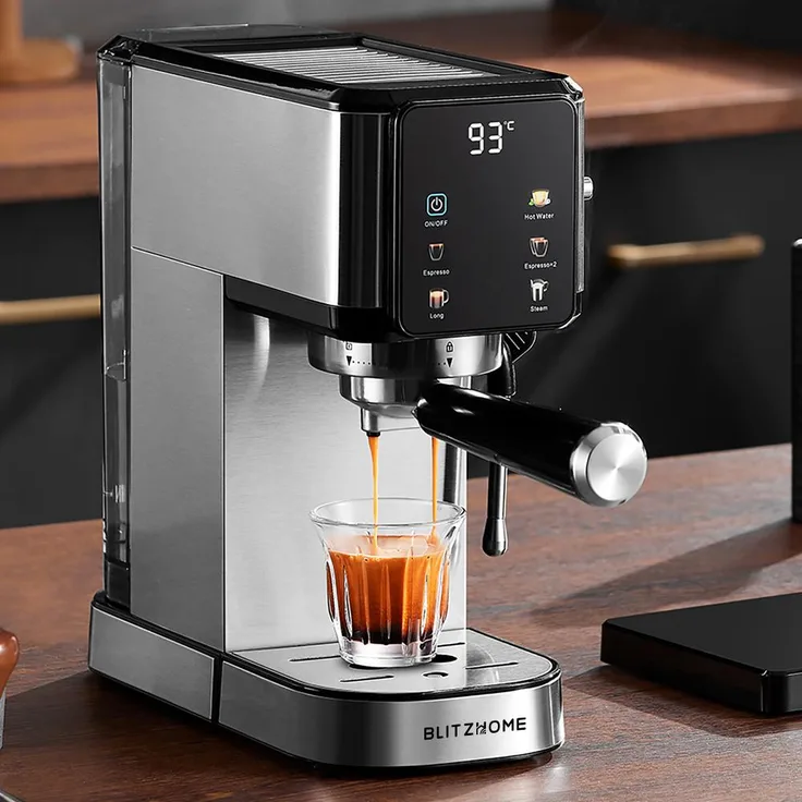 BlitzHome® CM5105, Halbautomatische Espresso-Kaffeemaschine 20 Bar, 1350W, mit Touchscreen-Bedienung, Tassenwärmer, 1 L abnehmbarer Wassertank, Silber
