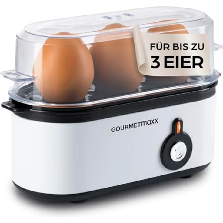 GOURMETmaxx Eierkocher für 3 Eier, kompakter Egg Boiler mit Eierstecher und 3 Härtegraden, spülmaschinenfeste Teile, ideal für Zuhause & unterwegs, Weiß – Bild 1